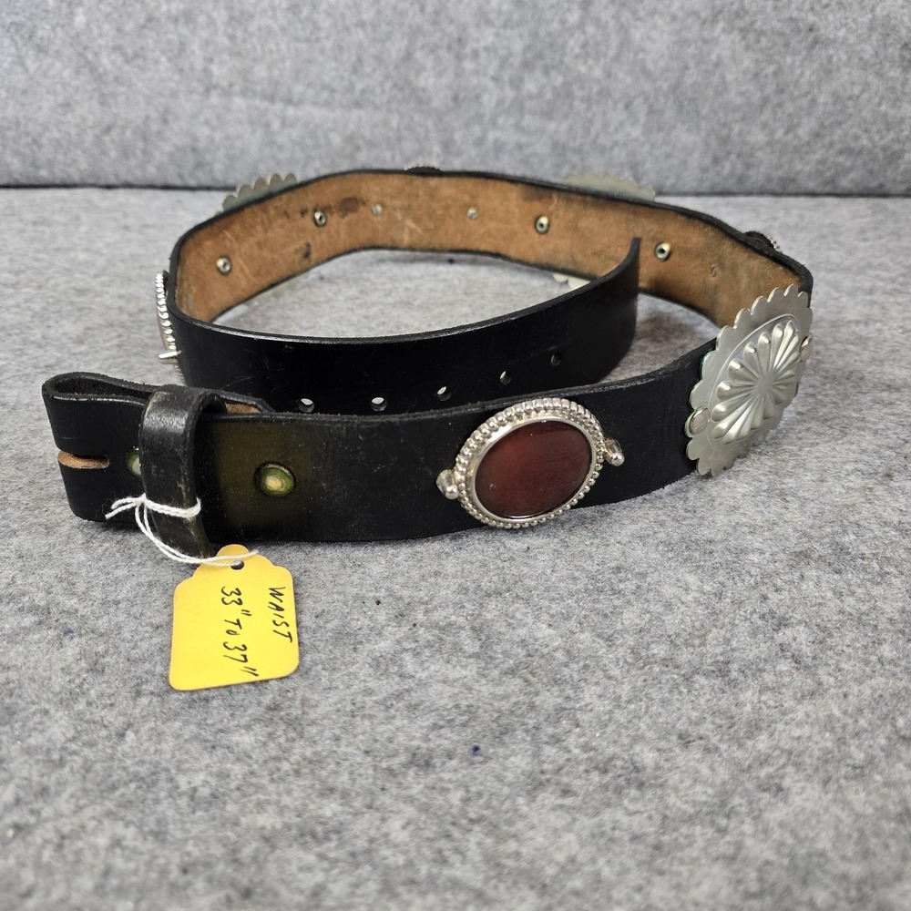 Concho Western Belt 33" Black Leather Silver Tone Red Stone Studded